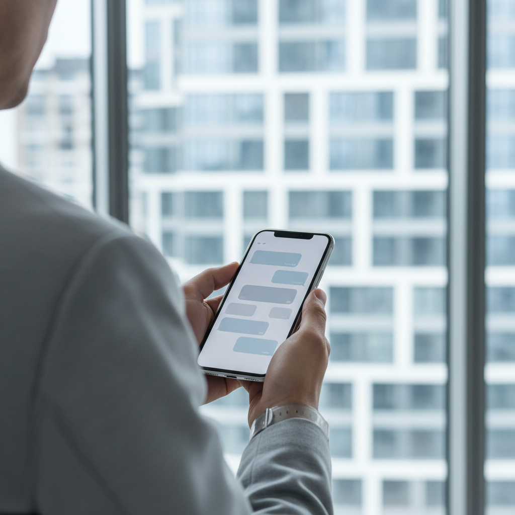 Gerente de vendas de incorporadora olhando uma conversa de WhatsApp sem resposta, com empreendimento residencial ao fundo